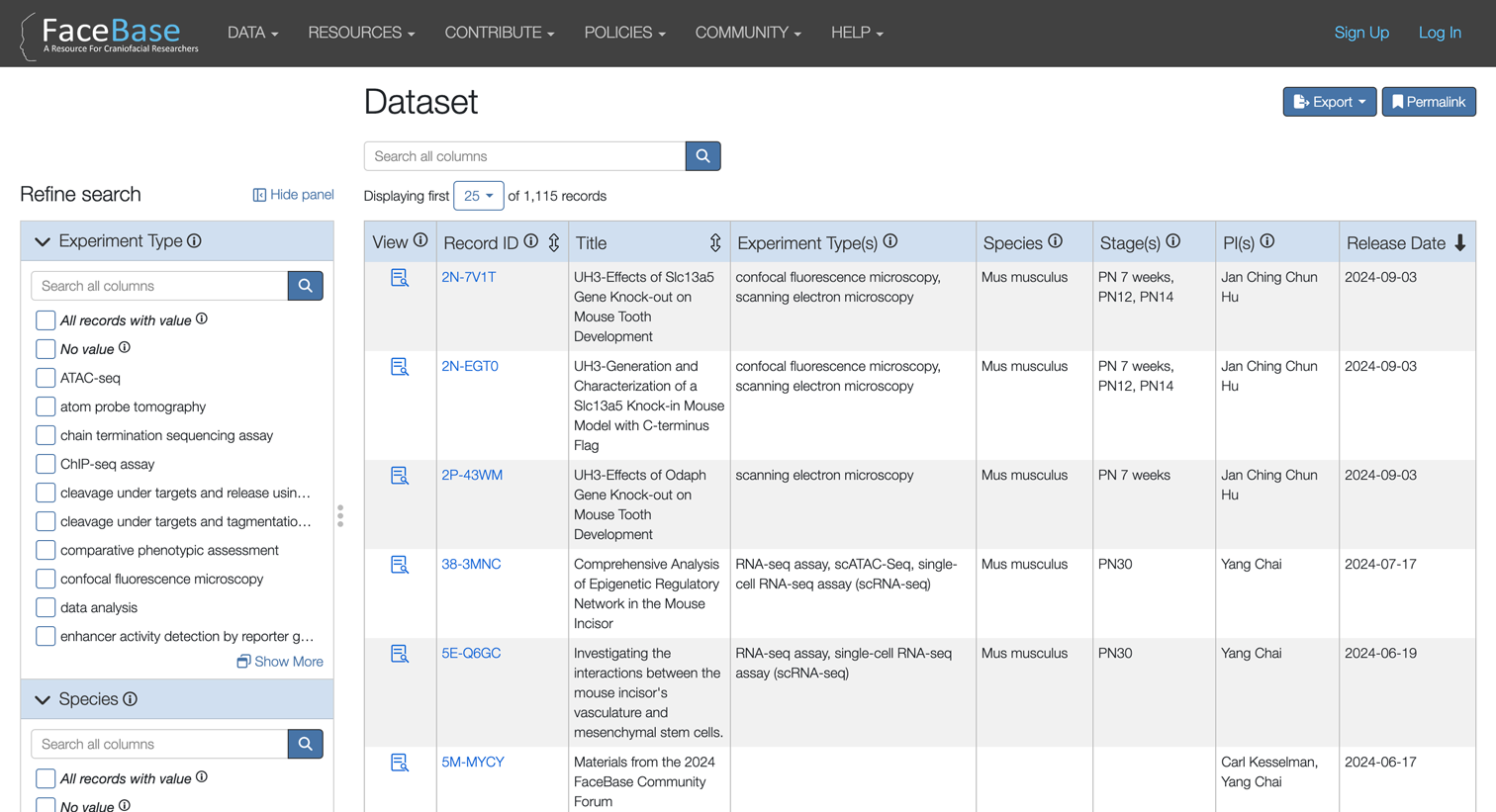 Screenshot of the search page for facebase.org